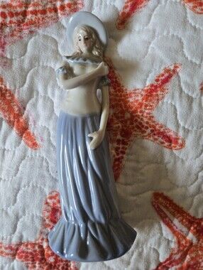 Vintage Russ Berrie Porcelain Lady Figurine Blue Sun Hat Dress